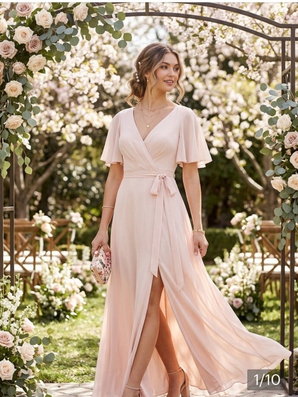 Nwt Marchesa Blush Maxi Dress with Flutter Sleeves 6